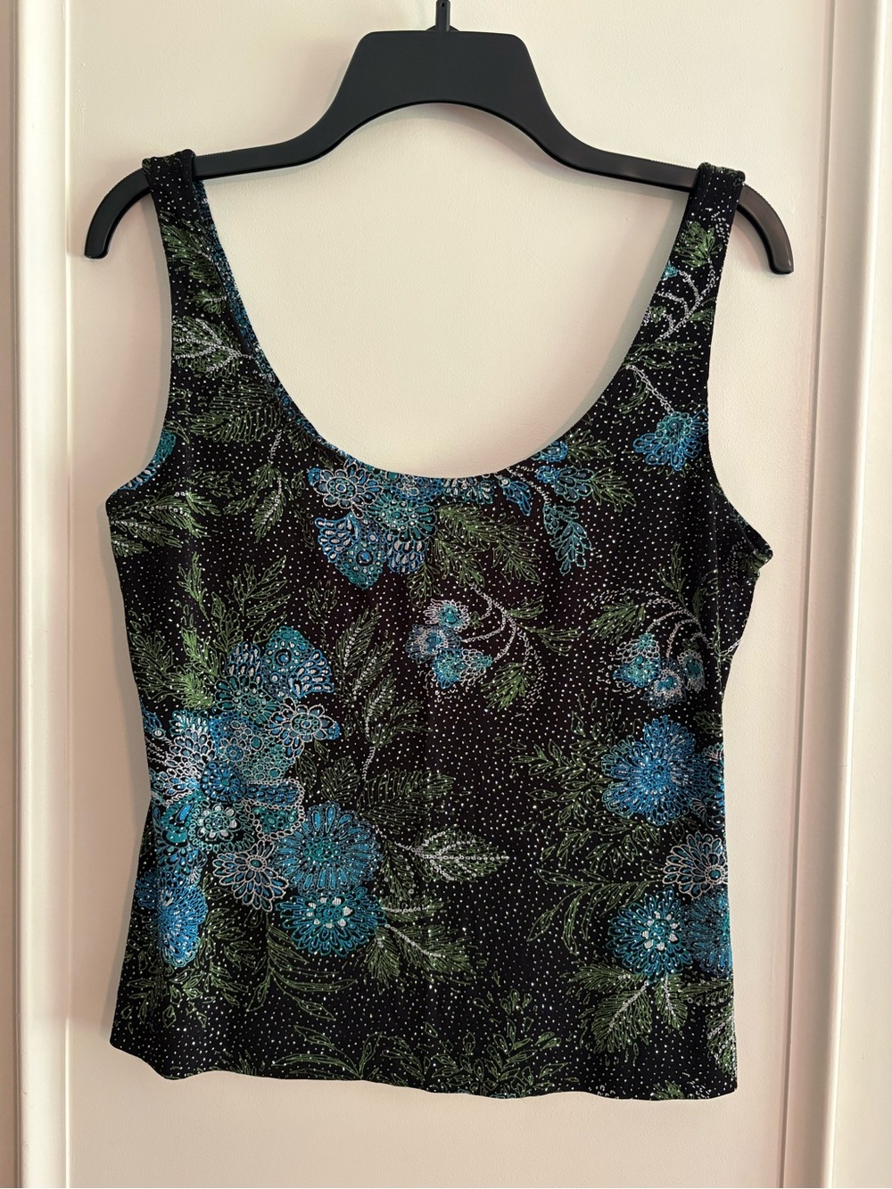 Alex Evenings Sleeveless Black Floral Tank Top with Blue & Green Print